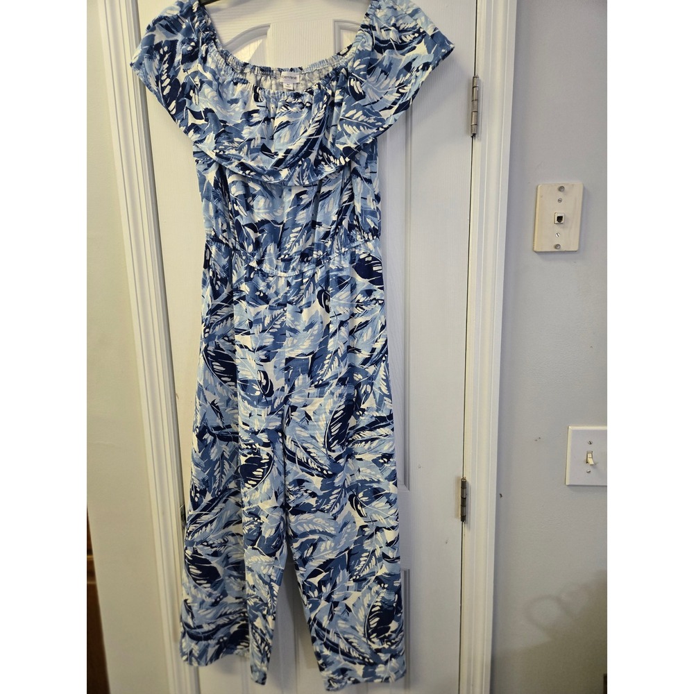 Blue Tropical Linen Blend Off Shoulder Jumpsuit Resortwear Coastal Nautical M